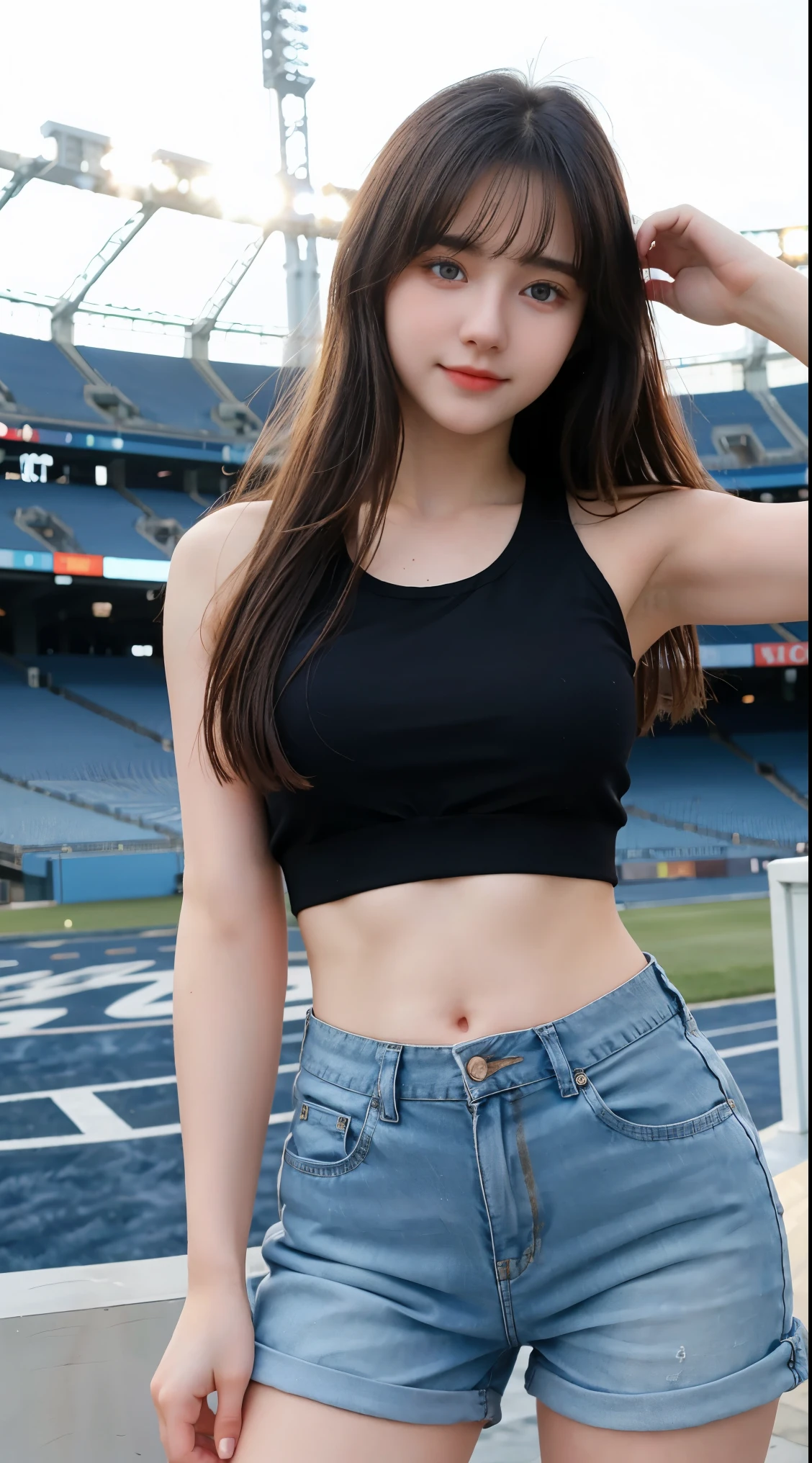Gorgeus Girl, Beautiful, Baby Face, 20 Years Old, White Skin, Beside, Sexy Pose, wearing black tank top, Blue Eye, Bokeh, outside stadium Background, Masterpiece, asking for a hug, full body Shot, short pants