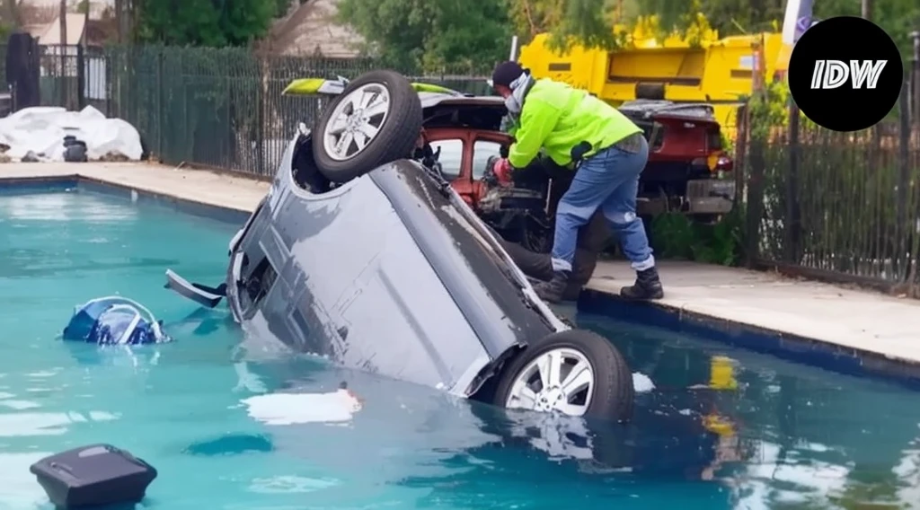 A woman wearing a blue protective coat is standing next to a lake, in the lake there is an overturned car.