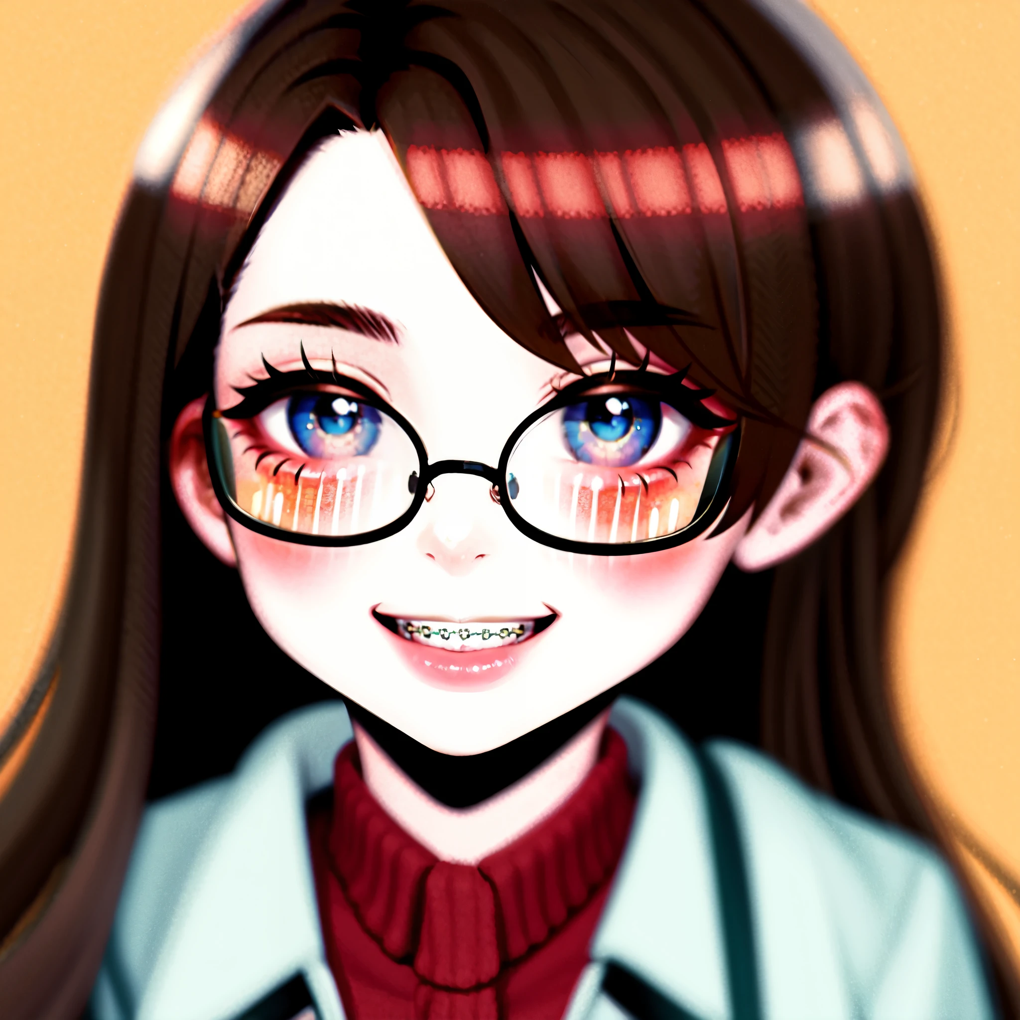 1girl, seductive eyes, braces, smiling, cute, face focus, blue eyes, brown hair, best quality, masterpiece, blush, glasses, highres