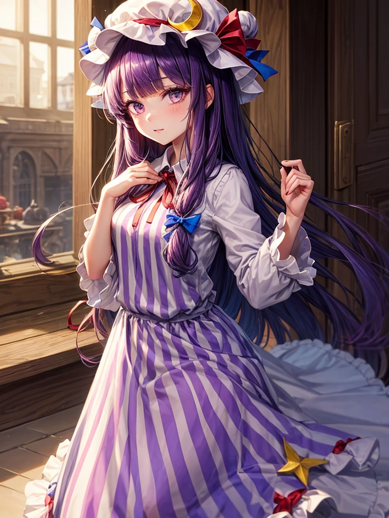 1girl, patchouli knowledge (touhou), purple eyes, very long hair, purple hair, blunt bangs, double bun, purple headwear, mob cap, bun cover, vertical-striped dress, purple dress, long sleeves, robe, wide sleeves, red bowtie, neck ribbon, red ribbon, crescent hat ornament, crescent hair ornament, red bow, blue bow, hair bow, hat bow