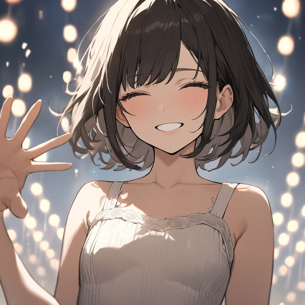 Masterpiece, Top Quality, Color, Linear, Young Woman, Single, 20 Years Old, Flat Breasted, Single, Short Dark Hair, White Knit Dress, Grinning, Standing, Waving, Open Eyes, Gazing, Mouth Open, Front View, White Background, Simple Background, Shallow Depth Of Field, High Detail, High Budget, Bokeh Cinemascope, Moody, Epic, Epicurean 