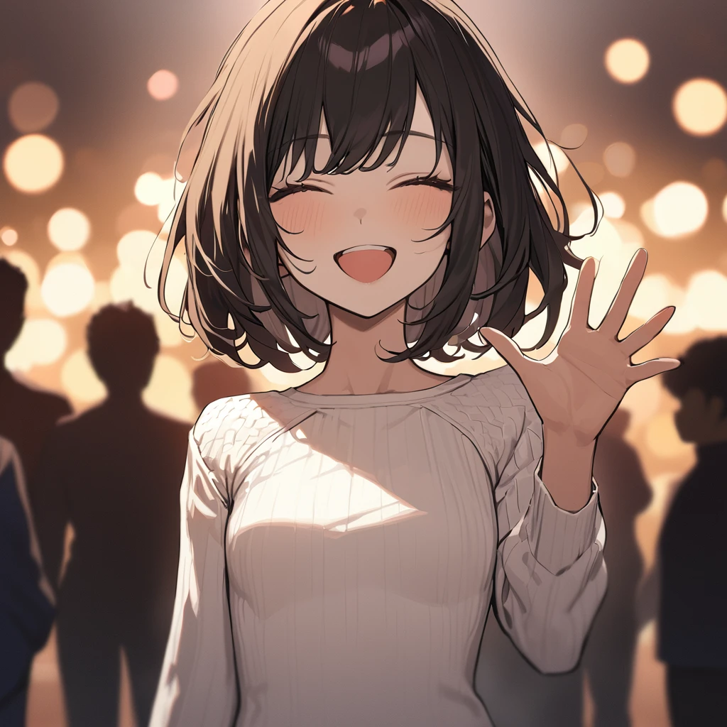 Masterpiece, Top Quality, Color, Linear, Young Woman, Single, 20 Years Old, Flat Breasted, Single, Short Dark Hair, White Knit Dress, Grinning, Standing, Waving, Open Eyes, Gazing, Mouth Open, Front View, White Background, Simple Background, Shallow Depth Of Field, High Detail, High Budget, Bokeh Cinemascope, Moody, Epic, Epicurean