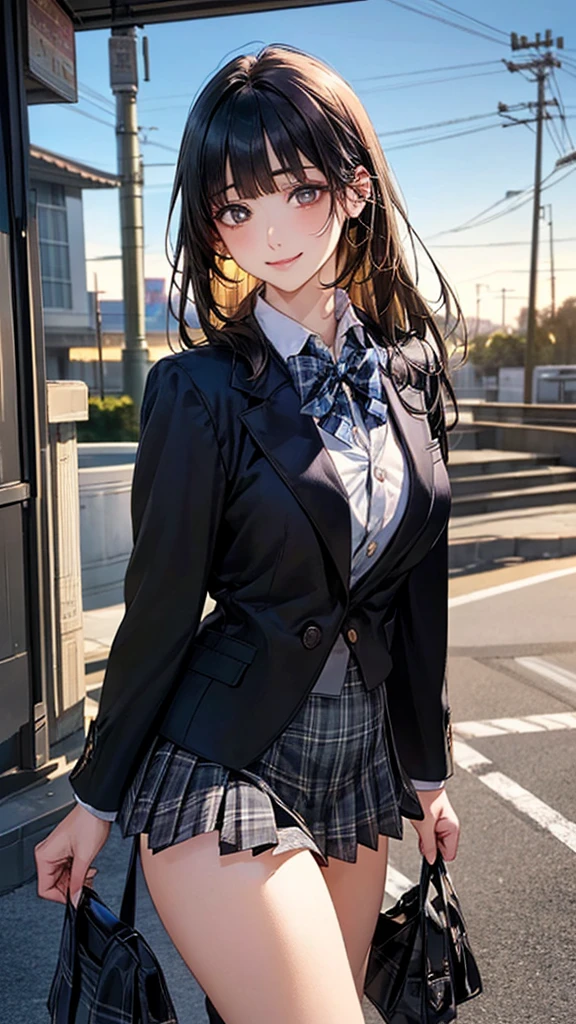 (masterpiece:1.2, top-quality), (realistic, photorealistic:1.4), beautiful illustration, (natural side lighting, movie lighting), nsfw,
looking at viewer, cowboy shot, front view:0.6, 1 girl, japanese, high school girl, perfect face, cute and symmetrical face, shiny skin,
(long hair:1.8, straight hair:1.7, black hair), blunt bangs, gold eyes, long eye lasher, (large breasts:0.8, thick thighs),
beautiful hair, beautiful face, beautiful detailed eyes, beautiful clavicle, beautiful body, beautiful chest, beautiful thigh, beautiful legs, beautiful fingers,
((white collared shirts, black jacket, dark grey pleated mini skirt, black socks, black loafers, blue plaid bow tie)),
(beautiful scenery), evening, riverside, standing, (half-closed eye,lovely smile, upper eyes),