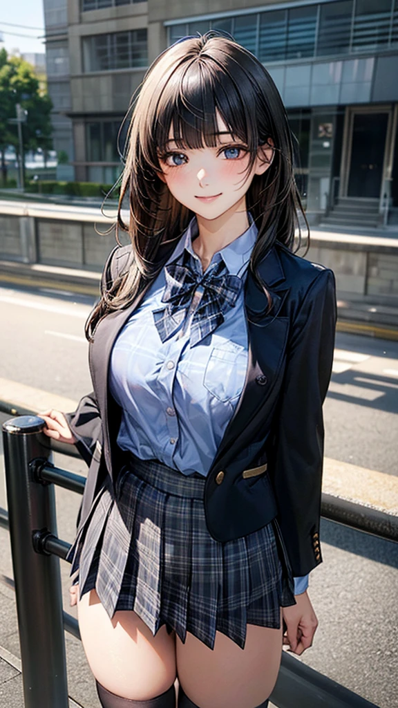 (masterpiece:1.2, top-quality), (realistic, photorealistic:1.4), beautiful illustration, (natural side lighting, movie lighting), nsfw,
looking at viewer, cowboy shot, front view:0.6, 1 girl, japanese, high school girl, perfect face, cute and symmetrical face, shiny skin,
(long hair:1.8, straight hair:1.7, black hair), blunt bangs, gold eyes, long eye lasher, (large breasts:0.8, thick thighs),
beautiful hair, beautiful face, beautiful detailed eyes, beautiful clavicle, beautiful body, beautiful chest, beautiful thigh, beautiful legs, beautiful fingers,
((white collared shirts, black jacket, dark grey pleated mini skirt, black socks, black loafers, blue plaid bow tie)),
(beautiful scenery), evening, riverside, standing, (half-closed eye,lovely smile, upper eyes),