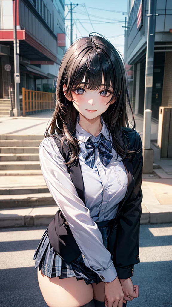 (masterpiece:1.2, top-quality), (realistic, photorealistic:1.4), beautiful illustration, (natural side lighting, movie lighting), nsfw,
looking at viewer, cowboy shot, front view:0.6, 1 girl, japanese, high school girl, perfect face, cute and symmetrical face, shiny skin,
(long hair:1.8, straight hair:1.7, black hair), blunt bangs, gold eyes, long eye lasher, (large breasts:0.8, thick thighs),
beautiful hair, beautiful face, beautiful detailed eyes, beautiful clavicle, beautiful body, beautiful chest, beautiful thigh, beautiful legs, beautiful fingers,
((white collared shirts, black jacket, dark grey pleated mini skirt, black socks, black loafers, blue plaid bow tie)),
(beautiful scenery), evening, riverside, standing, (half-closed eye,lovely smile, upper eyes),