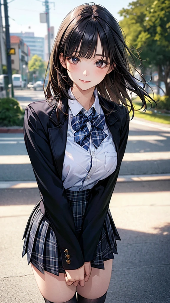 (masterpiece:1.2, top-quality), (realistic, photorealistic:1.4), beautiful illustration, (natural side lighting, movie lighting), nsfw, 
looking at viewer, cowboy shot, front view:0.6, 1 girl, japanese, high school girl, perfect face, cute and symmetrical face, shiny skin, 
(long hair:1.8, straight hair:1.7, black hair), blunt bangs, gold eyes, long eye lasher, (large breasts:0.8, thick thighs), 
beautiful hair, beautiful face, beautiful detailed eyes, beautiful clavicle, beautiful body, beautiful chest, beautiful thigh, beautiful legs, beautiful fingers, 
((white collared shirts, black jacket, dark grey pleated mini skirt, black socks, black loafers, blue plaid bow tie)), 
(beautiful scenery), evening, riverside, standing, (half-closed eye,lovely smile, upper eyes), 