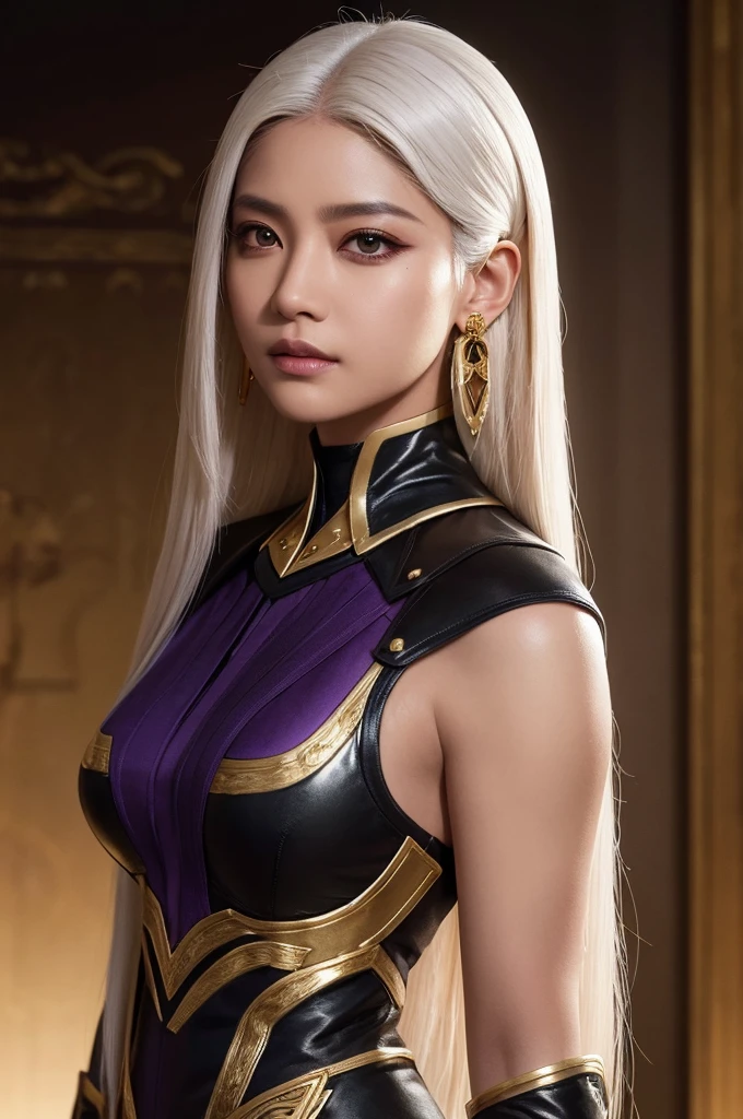 A  with pure white straight hair, Dark Skin, Latin ancestors, Purple Iris, Wearing a black tactical suit with gold thread、She wears gold earrings in the shape of snakes. Fine grain, Detailed face, Complex grunge costumes, Cinema Lighting, Realistic concept art with strong backlighting.