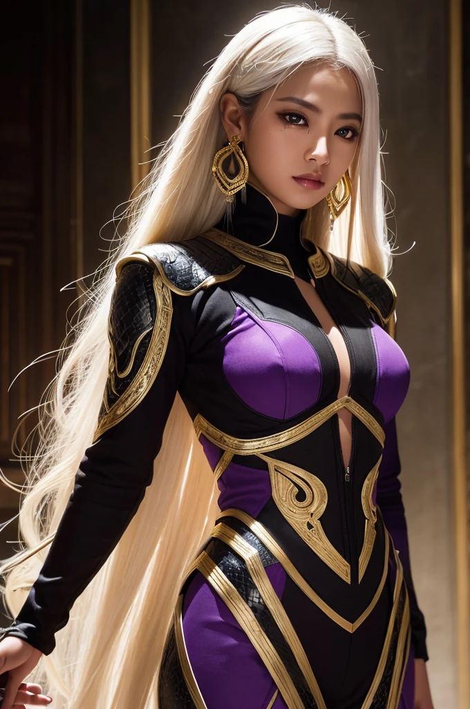 A  with pure white straight hair, Dark Skin, Latin ancestors, Purple Iris, Wearing a black tactical suit with gold thread、She wears gold earrings in the shape of snakes. Fine grain, Detailed face, Complex grunge costumes, Cinema Lighting, Realistic concept art with strong backlighting.