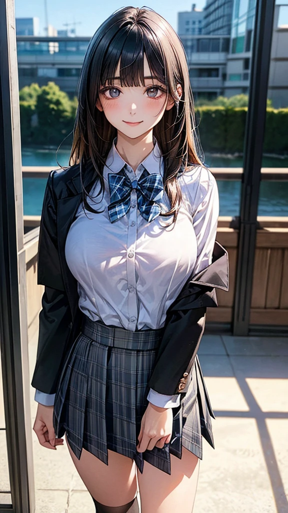 (masterpiece:1.2, top-quality), (realistic, photorealistic:1.4), beautiful illustration, (natural side lighting, movie lighting), nsfw,
looking at viewer, cowboy shot, front view:0.6, 1 girl, japanese, high school girl, perfect face, cute and symmetrical face, shiny skin,
(long hair:1.8, straight hair:1.7, black hair), blunt bangs, gold eyes, long eye lasher, (large breasts:0.8, thick thighs),
beautiful hair, beautiful face, beautiful detailed eyes, beautiful clavicle, beautiful body, beautiful chest, beautiful thigh, beautiful legs, beautiful fingers,
((white collared shirts, black jacket, grey pleated mini skirt, black socks, black loafers, blue plaid bow tie)),
(beautiful scenery), evening, riverside, standing, (lovely smile, upper eyes),