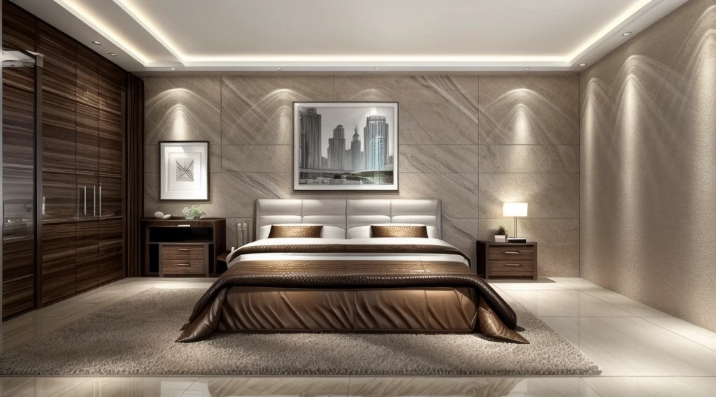 Modern bedroom, (dinner details: 1.2), brown luxury bed, tropical style ceramic combo on the wall, marble floor, 1 large photo on the wall, gray painted walls, warm lighting , 1 dressing table with 1.8-inch chair, 1 bedside cabinet, white ceiling, recessed LED lights