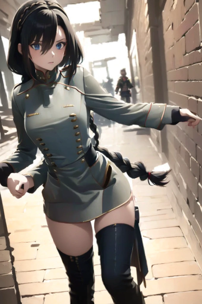 ((masterpiece)), (bestquality), ((ultra-detailed)), depth of field, (dynamic angle), (beautiful detailed blue eyes), 1woman, ((voluminous long black hair styled into one single long braid down to her waist)), tomboy, Walking through ruins, ((wearing a black military uniform, uhlan tunic)), perfect Body, medium bust, Apocalypse,