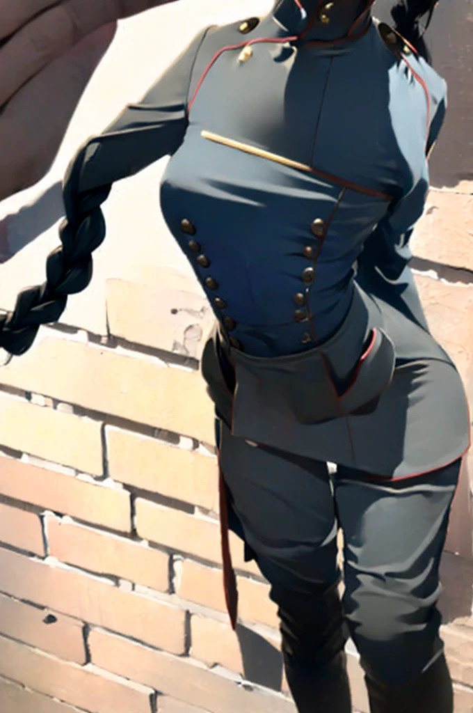((masterpiece)), (bestquality), ((ultra-detailed)), depth of field, (dynamic angle), (beautiful detailed blue eyes), 1woman, ((voluminous long black hair styled into one single long braid down to her waist)), tomboy, Walking through ruins, ((wearing a black military uniform, uhlan tunic)), perfect Body, medium bust, Apocalypse,