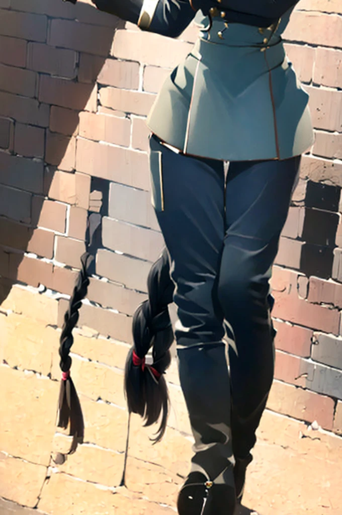 ((masterpiece)), (bestquality), ((ultra-detailed)), depth of field, (dynamic angle), (beautiful detailed blue eyes), 1woman, ((voluminous long black hair styled into one single long braid down to her waist)), tomboy, Walking through ruins, ((wearing a black military uniform, uhlan tunic)), perfect Body, medium bust, Apocalypse,