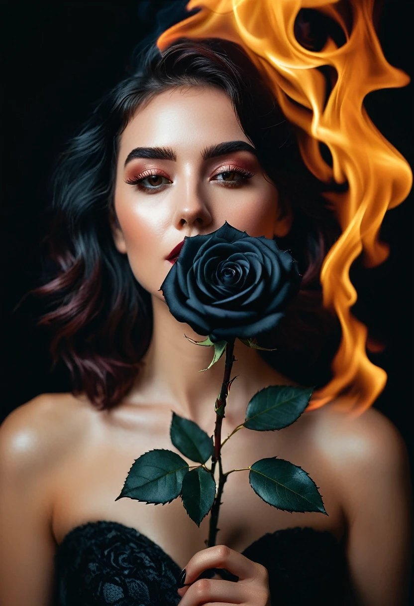 a woman with a black rose on fire, flawless skin, whimsical photography style, photo captured by an Arriflex 35BL camera using Canon K25 prime lenses, cinematic, dramatic lighting, ultra clear, breathtaking surreal masterpiece. sensual pose
