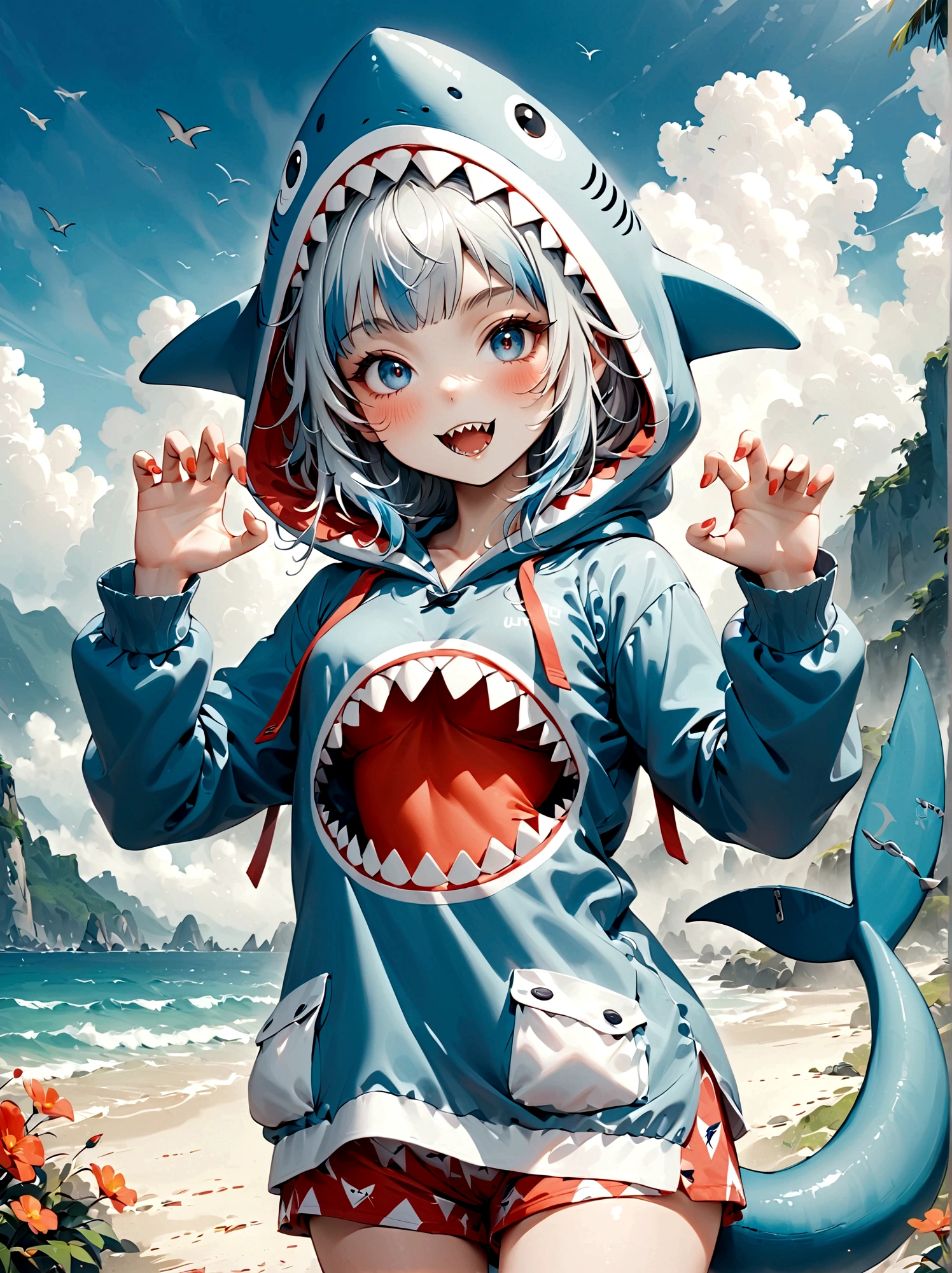 ultra-detailed, absurdres, colorful, gawr gura, detailed eyes, wide-eyed, eyelashes, looking at viewer, (blue background:0.9), (standing:0.7), 1girl, wearing cute shark pajamasl, blue hoodie, shark tail, sharp teeth, claw pose, hood up, (Smiley Face:1.0), pockets, hands up, clenched teeth, cowboy shot, masterpiece, best quality, UHD, accurate, anatomically correct, 8k, highres