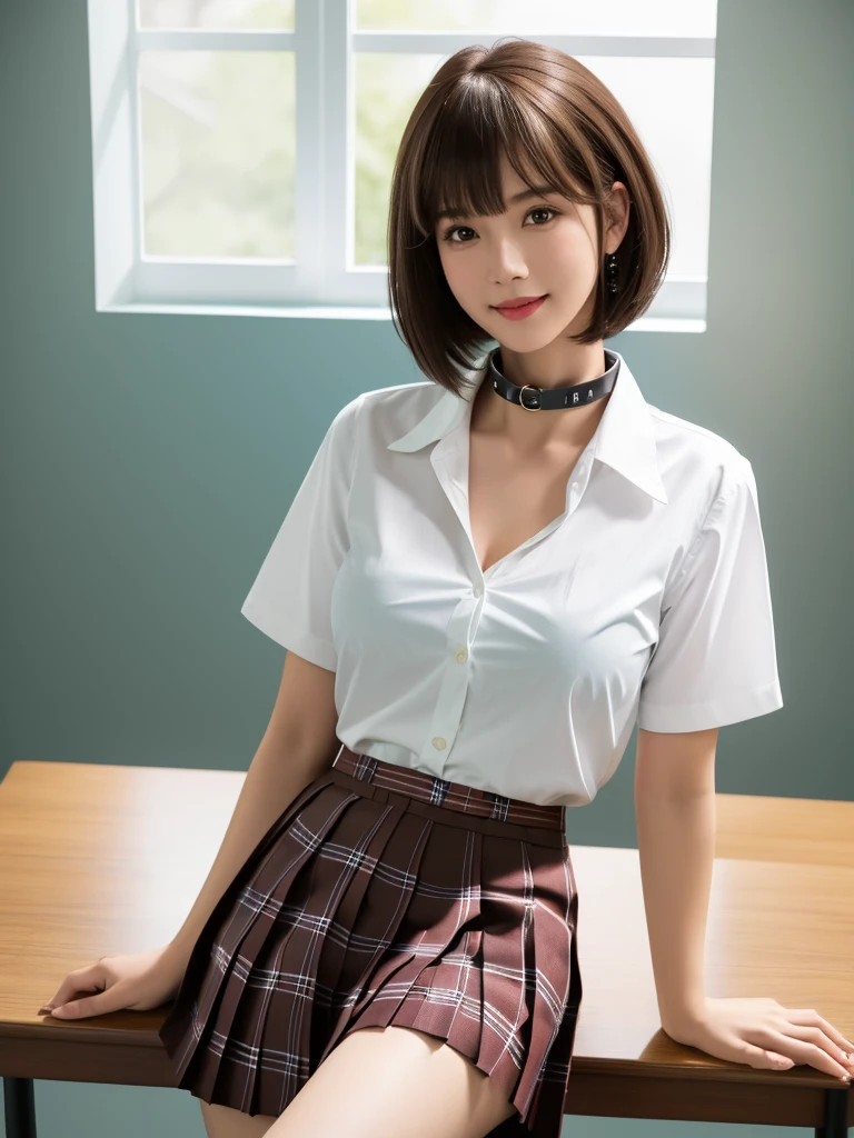 1girl, Chinese girl, solo, facing viewer, smile, 8k, masterpiece, (((short brown hair, bangs))), (((white shirt with collar))), (short sleeves, unbuttoned), ((pleated tartan skirt)), posing for a picture, highly detailed face and skin texture, detailed eyes, realistic, daytime, high resolution, 8k, medium breast, cleavage: 1.2, classroom, table, chair, blackboard, window, 8k, cowboy shot, sexy poses