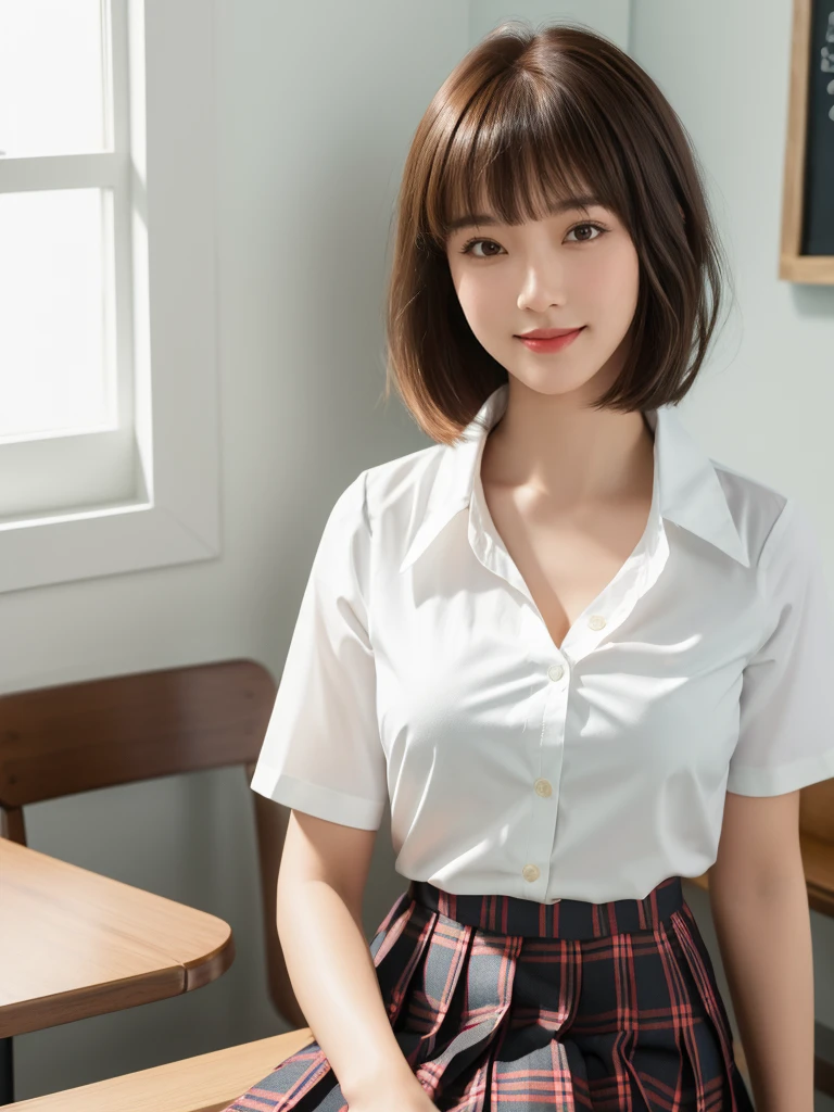 1girl, Chinese girl, solo, facing viewer, smile, 8k, masterpiece, (((short brown hair, bangs))), (((white shirt with collar))), (short sleeves, unbuttoned), ((pleated tartan skirt)), posing for a picture, highly detailed face and skin texture, detailed eyes, realistic, daytime, high resolution, 8k, medium breast, cleavage: 1.2, classroom, table, chair, blackboard, window, 8k, cowboy shot, sexy poses