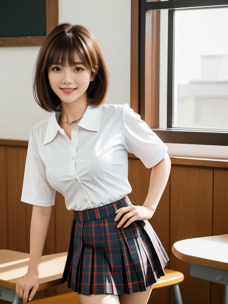 1girl, Chinese girl, solo, facing viewer, smile, 8k, masterpiece, (((short brown hair, bangs))), (((white shirt with collar))), (short sleeves, unbuttoned), ((pleated tartan skirt)), posing for a picture, highly detailed face and skin texture, detailed eyes, realistic, daytime, high resolution, 8k, medium breast, cleavage: 1.2, classroom, table, chair, blackboard, window, 8k, cowboy shot, sexy poses