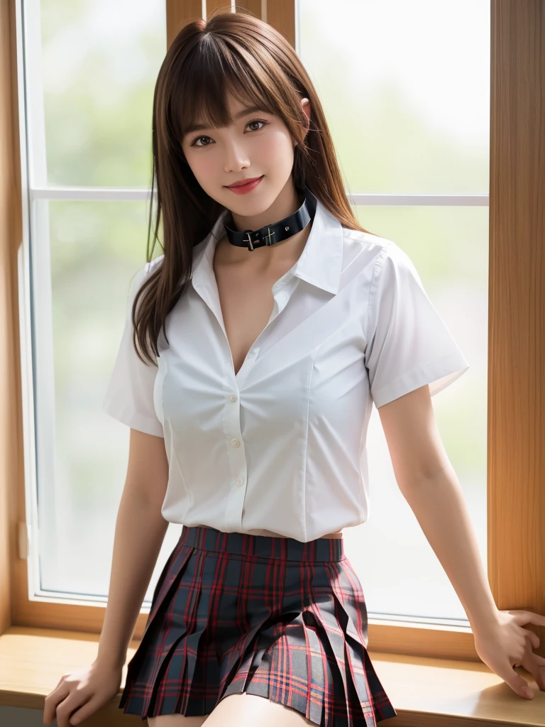 1girl, Chinese girl, solo, facing viewer, smile, 8k, masterpiece, (((short brown hair, bangs))), (((white shirt with collar))), (short sleeves, unbuttoned), ((pleated tartan skirt)), posing for a picture, highly detailed face and skin texture, detailed eyes, realistic, daytime, high resolution, 8k, medium breast, cleavage: 1.2, classroom, table, chair, blackboard, window, 8k, cowboy shot, sexy poses