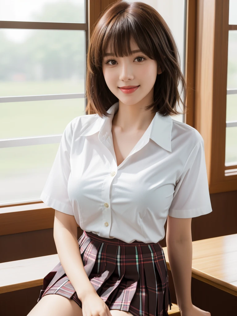1girl, Chinese girl, solo, facing viewer, smile, 8k, masterpiece, (((short brown hair, bangs))), (((white shirt with collar))), (short sleeves, unbuttoned), ((pleated tartan skirt)), posing for a picture, highly detailed face and skin texture, detailed eyes, realistic, daytime, high resolution, 8k, medium breast, cleavage: 1.2, classroom, table, chair, blackboard, window, 8k, cowboy shot, sexy poses