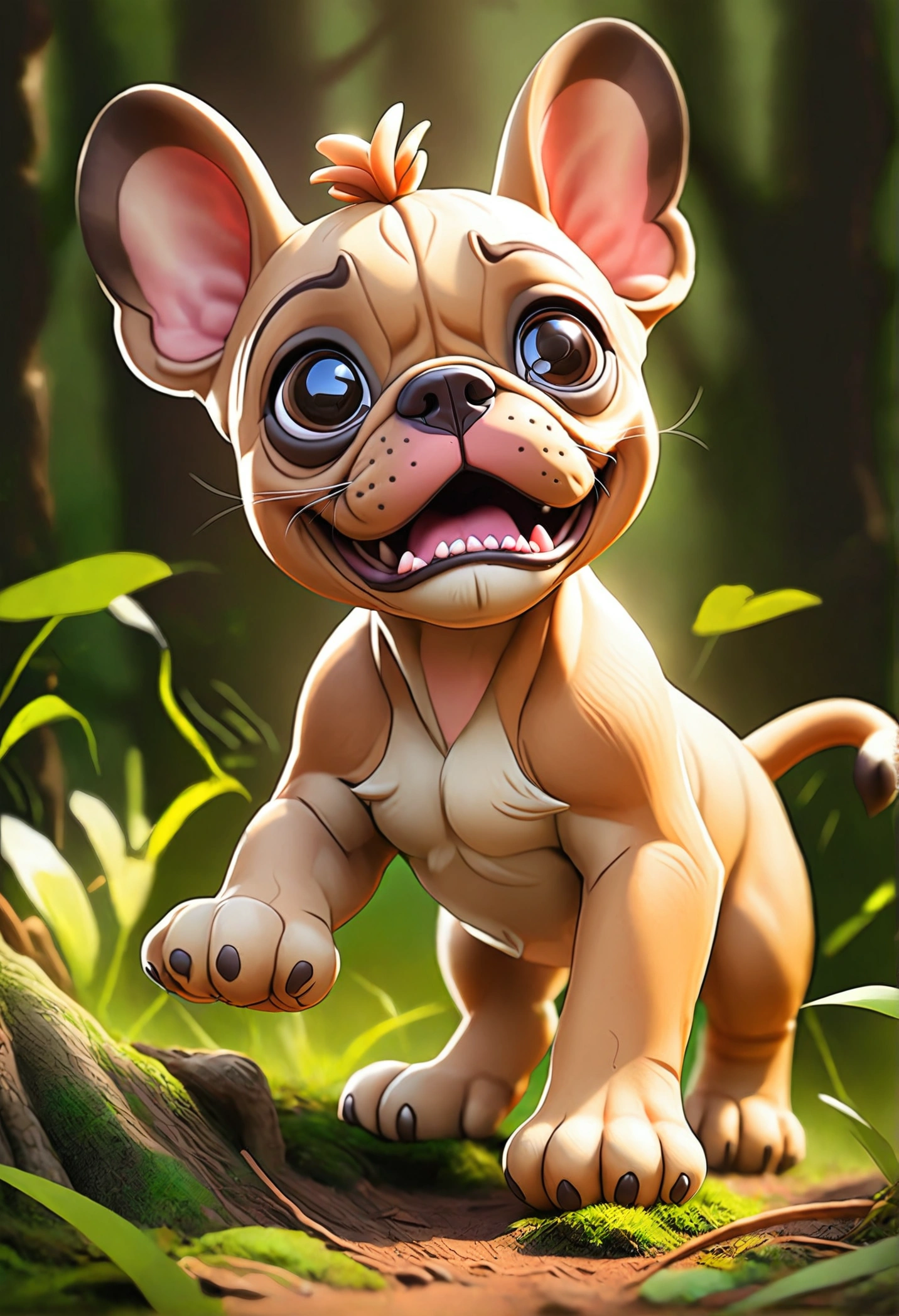 female lion cub, Little brown French Bulldog puppy running around in the forest, clear sky