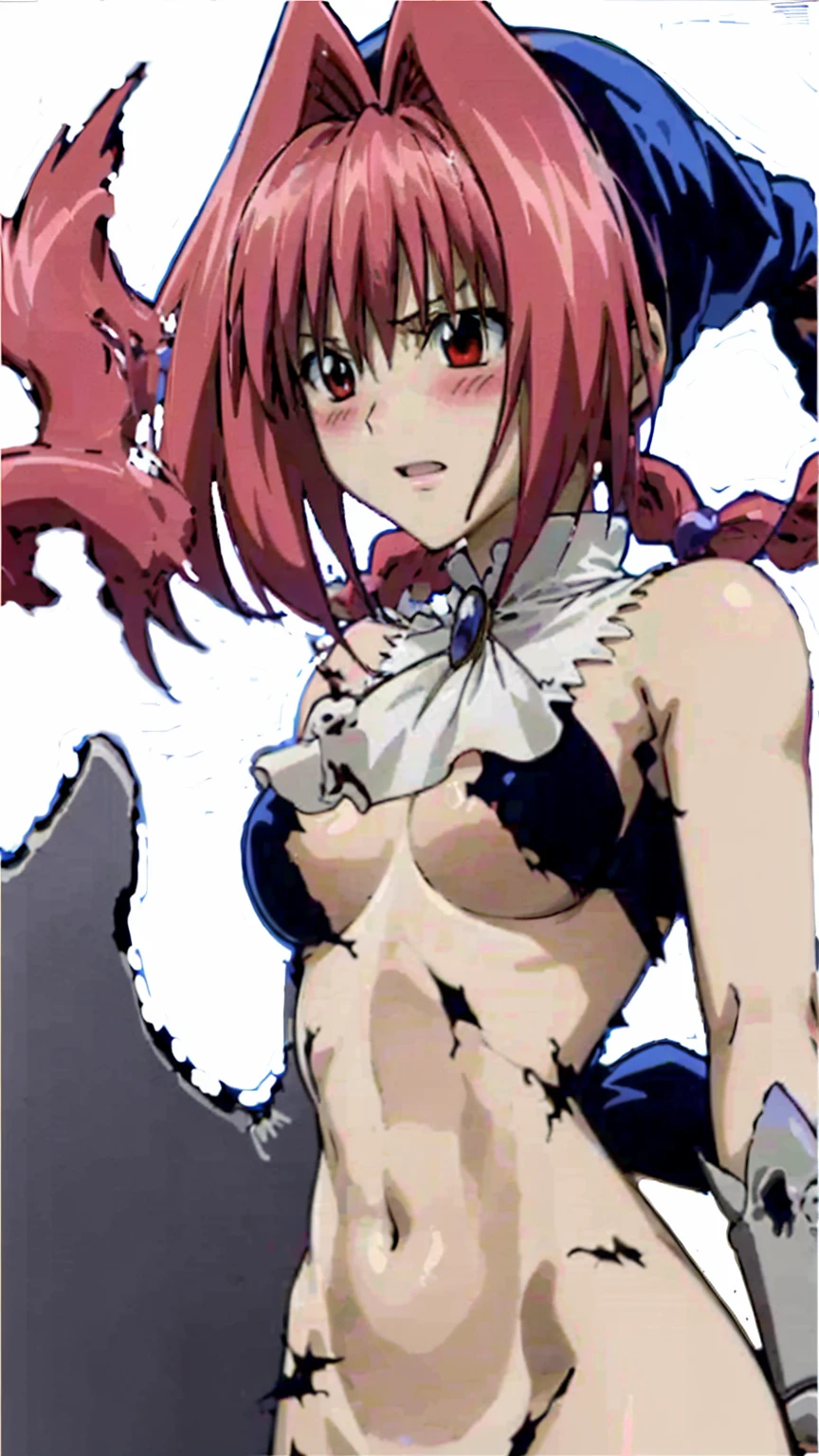 masterpiece, Highest quality,High resolution,Dorothy, Redhead,Red eyes,Braiding, The chest area of the dress is torn、Dirty smoke、、Nipples are fully visible、Your clothes are torn、Take damage from an attack、Very detailed、anime、animeスクリーンキャプ、Big eyes、very cute、((Battle scene in the ruins))、blush