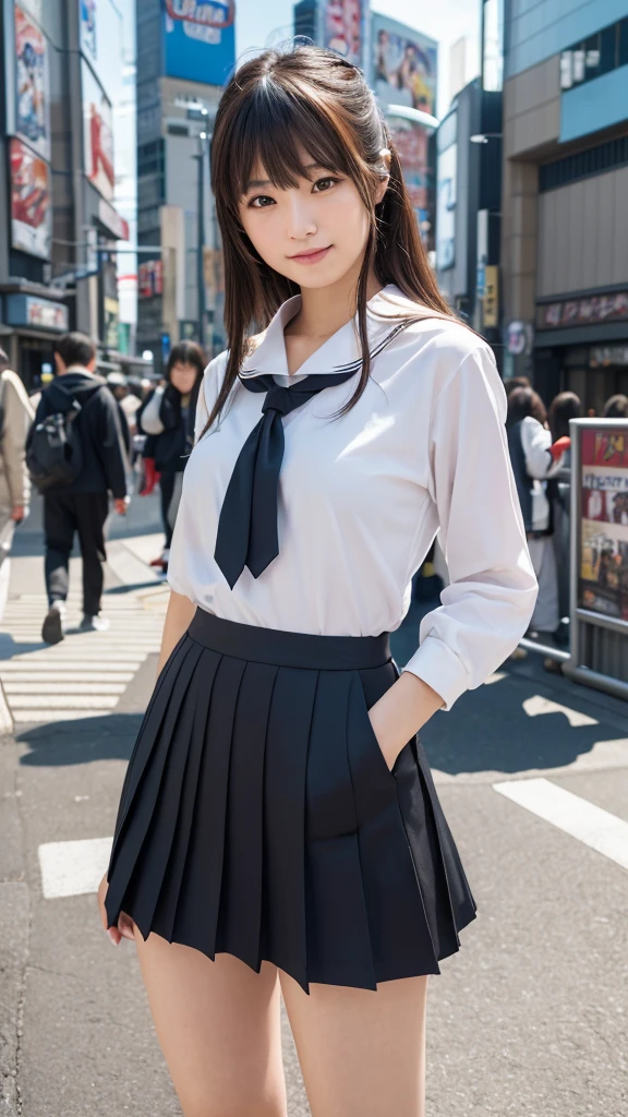 Ultra top quality, masterpiece, ultra high resolution, (photorealistic: 1.4), highly detailed CG Unity 8k wallpaper, detailed and complex, original, high resolution, raw photo, (perfect body shape), fine and complex, DSLR, soft lighting, high quality, film grain, depth of field, FUJIFILM XT3, 50mm lens, backlight, HDR, hyperreal, color grade, dynamic pose, portrait, Japan person, smile, lips, bangs, (crowded akihabara: 1.2), front view viewer, natural light, girl, 20 years old, full body, solo, student, high , sailor color, bobby socks, pleated skirt, daytime, on the street, deep shadow, cute, beauty, discreet, cold light 12000K\\ street, store status, Akihabara, Shinjuku, Shibuya, Ikebukuro, detailed realistic, detail, skin texture, ultra detailed, realistic skin texture, (dramatic, award-winning photos, incredible masterpieces: 1.3)