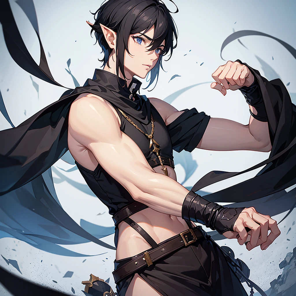 1 short-haired man, black hair, black eyes, black shirt, elf race, a wizard, has 2 arms.