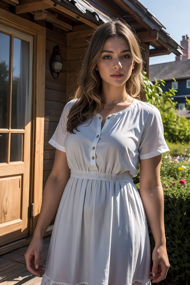 A beautiful woman with light delicately filtering through her hair, her summer dress is beautiful and she's standing in front of a cottage