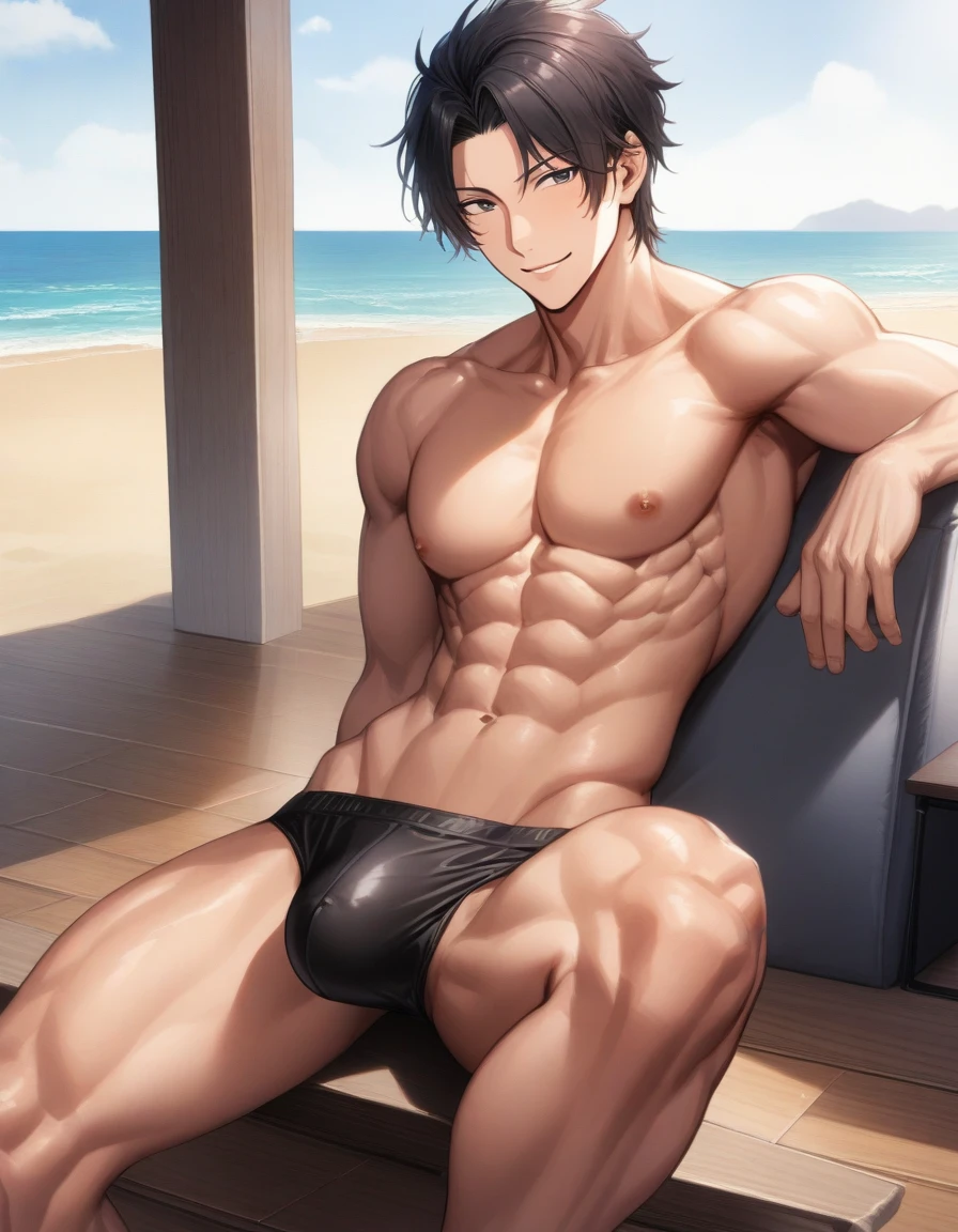 1man, japanese dilf, vice principal, 50yo, black hair, short hair, center parted bangs, handsome, smart ellipse face, middle-muscular, beautiful detailed eyes, dandy, gentle, ikemen, baby face, BREAK black swim bikini, topless, off shot, male , abs, thigh, small bulge, fullbody, solo, looking side, soft smile, sexy pog, seaside, from side, in gentle sasaki style, visual novel, 2010s, extreme all detailed, masterpiece, best quality