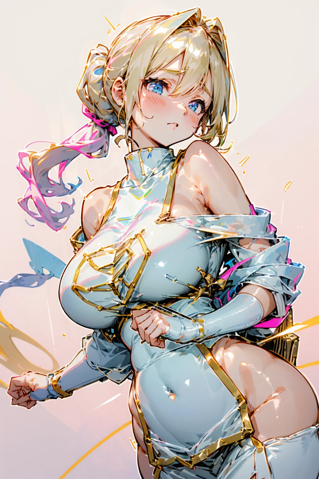 pretty girl, beautiful, baby face, 20 years old, White skin, huge乳房, Sexy look, ((Gold clothing straps)), ((Pink Cropped Turtleneck Top)), ((White mini skirt)), blue eyes, muscle, Bokeh, Modern local background, masterpiece, full-body shot, ((Pink Ponytail)), ((plump))huge , Crazy breast swelling, Chest larger than shoulder blades, Big breasts and thin waist,(huge breasts:1.2),Hydrated skin((rogue))((非常huge乳房)),((Grooves reveal original skin))