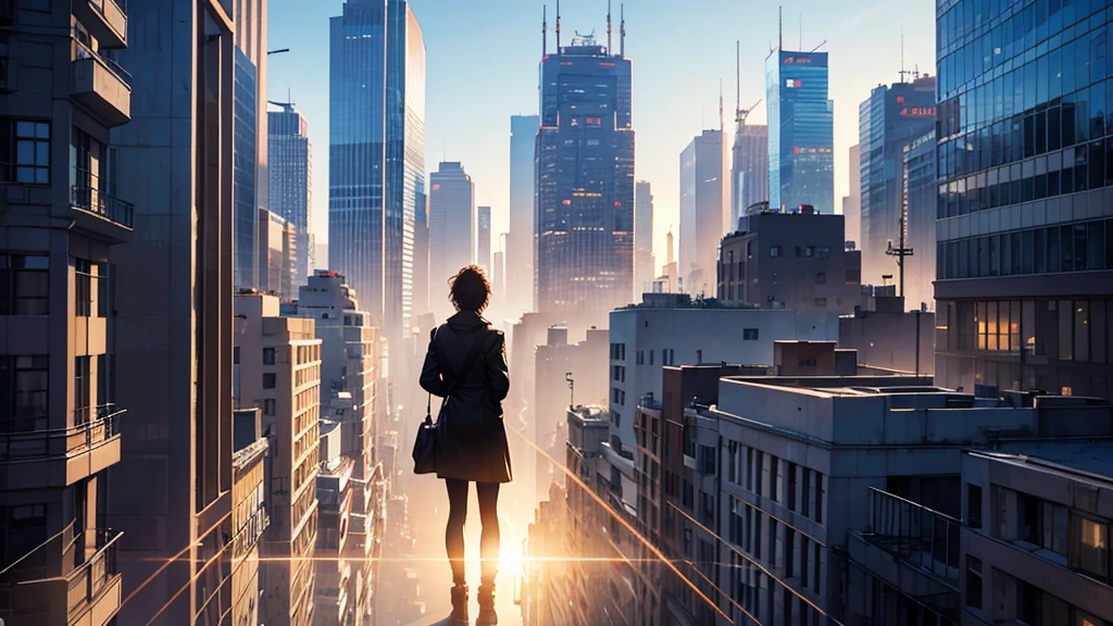 Backlit city in the morning,Standing on a tall building looking down