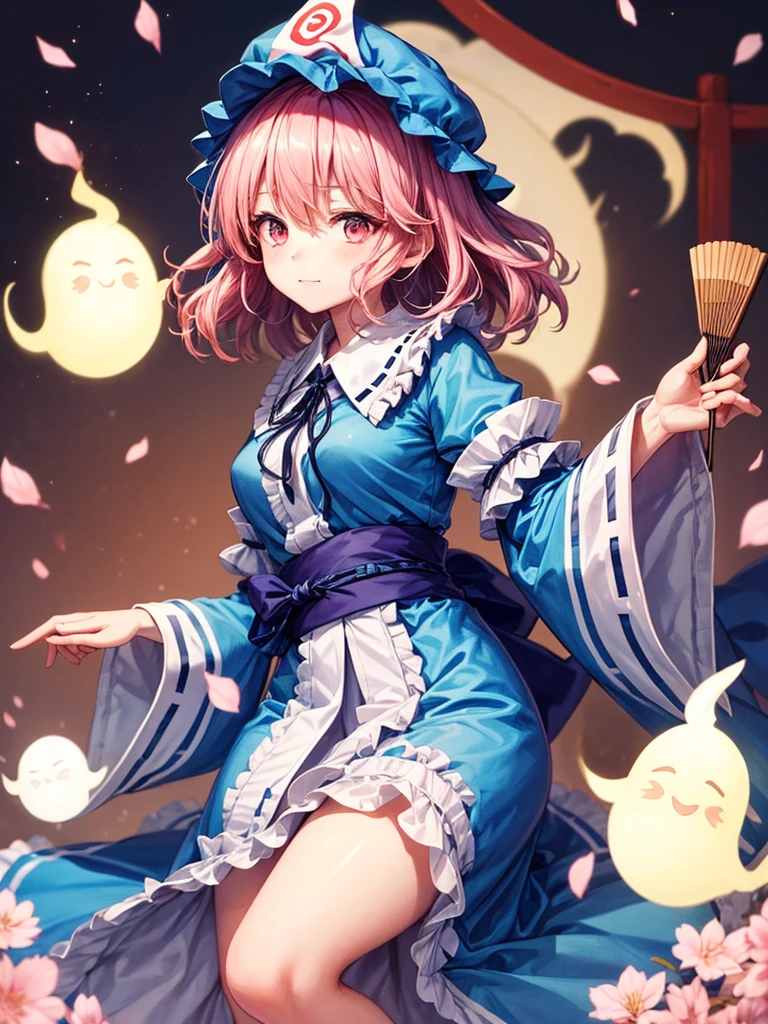 1girl, saigyouji yuyuko (touhou), pink eyes, short hair, wavy hair, pink hair, blue headwear, mob cap, neck ribbon, black ribbon, blue kimono, frilled kimono, obi, long sleeves, wide sleeves, frilled sleeves, sleeve garter, triangular headpiece, blue bow, waist bow, hitodama, ghost, folding fan, saigyouji yuyuko's fan design, shippou (pattern), goshoguruma, cherry blossoms,