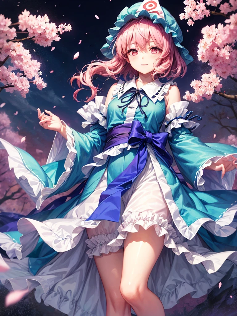 1girl, saigyouji yuyuko (touhou), pink eyes, short hair, wavy hair, pink hair, blue headwear, mob cap, neck ribbon, black ribbon, blue kimono, frilled kimono, obi, long sleeves, wide sleeves, frilled sleeves, sleeve garter, triangular headpiece, blue bow, waist bow, hitodama, ghost, folding fan, saigyouji yuyuko's fan design, shippou (pattern), goshoguruma, cherry blossoms,