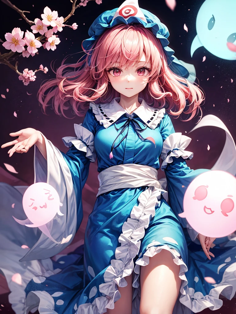 1girl, saigyouji yuyuko (touhou), pink eyes, short hair, wavy hair, pink hair, blue headwear, mob cap, neck ribbon, black ribbon, blue kimono, frilled kimono, obi, long sleeves, wide sleeves, frilled sleeves, sleeve garter, triangular headpiece, blue bow, waist bow, hitodama, ghost, folding fan, saigyouji yuyuko's fan design, shippou (pattern), goshoguruma, cherry blossoms,
