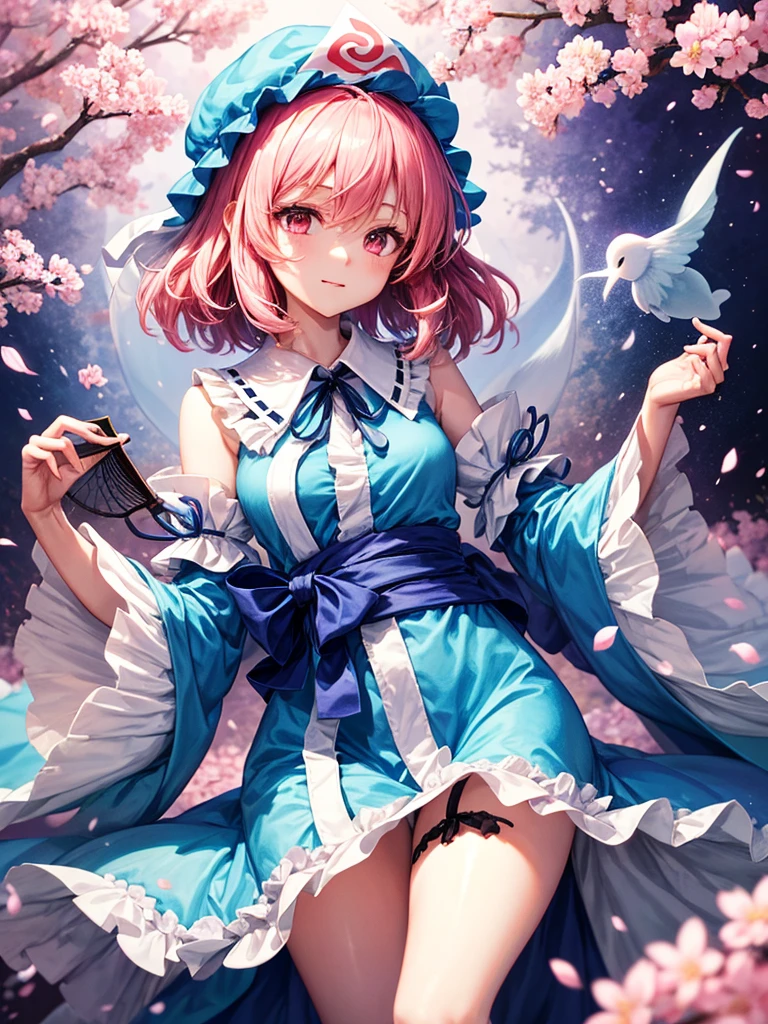 1girl, saigyouji yuyuko (touhou), pink eyes, short hair, wavy hair, pink hair, blue headwear, mob cap, neck ribbon, black ribbon, blue kimono, frilled kimono, obi, long sleeves, wide sleeves, frilled sleeves, sleeve garter, triangular headpiece, blue bow, waist bow, hitodama, ghost, folding fan, saigyouji yuyuko's fan design, shippou (pattern), goshoguruma, cherry blossoms,