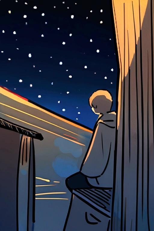 From the roof of the building、Two people sitting on the asphalt looking at stars in the urban sky,nest、 um casal, staring at the stars, natta, natta - hora, illustration simples, during at night, illustration linear, staring at the stars, night time, together, manual drawing, illustration, feeling calm, natta, under the starry sky, having a good time, Starred、Angle at a distance、Watercolor painting、