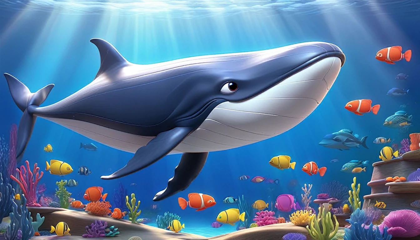 Create a 3-D Pixar style art scene for kids featuring a blue whale with a heart as big as a small car next to it. The scene should be colorful and vibrant, with an ocean background, coral reefs, and schools of fish. The overall mood should be engaging and inviting for young children.