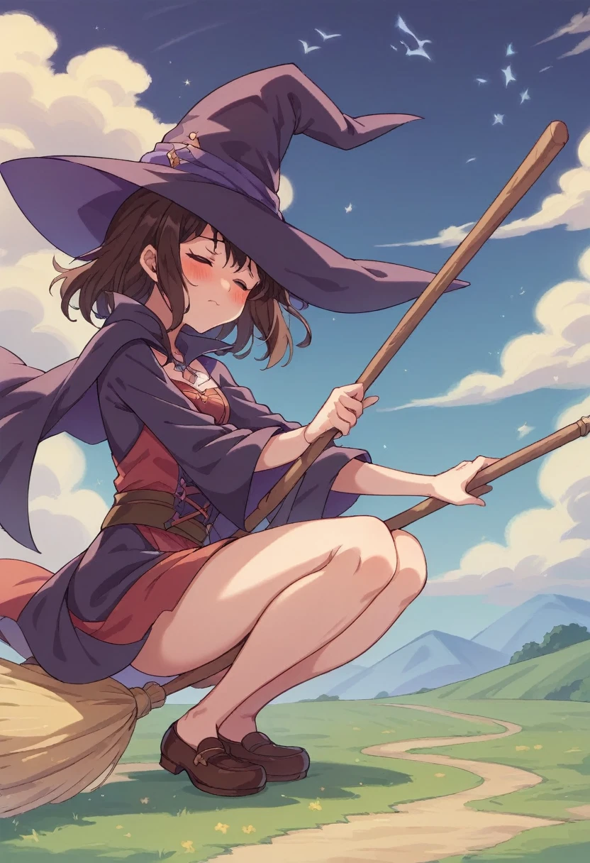 ((((空を飛ぶwitch))),((Ride a broom)),(Straddling a broom),Fantasy,Beautiful light and shadow,Anatomically correct,masterpiece,Highest quality,最高masterpiece,8K,Use of magic,witch:witchの帽子:witchの衣装:Familiar,Wind,Fantasy,wonderful,An illustration,Digital Art,wonderful,wonderful,カラーAn illustration,Rich colors,Blushing,Eyes closed,Mouth closed,Holding the end of the broom tightly with both hands,slightly squatting,Both feet are on the ground,Both feet are wearing shoes,（ One broom handle、The broom handle is connected）,The tips of the broom face backwards