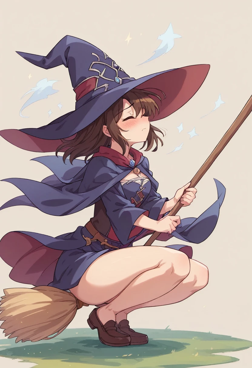 ((((空を飛ぶwitch))),((Ride a broom)),(Straddling a broom),Fantasy,Beautiful light and shadow,Anatomically correct,masterpiece,Highest quality,最高masterpiece,8K,Use of magic,witch:witchの帽子:witchの衣装:Familiar,Wind,Fantasy,wonderful,An illustration,Digital Art,wonderful,wonderful,カラーAn illustration,Rich colors,Blushing,Eyes closed,Mouth closed,Holding the end of the broom tightly with both hands,slightly squatting,Both feet are on the ground,Both feet are wearing shoes,（ One broom handle、The broom handle is connected）,The tips of the broom face backwards