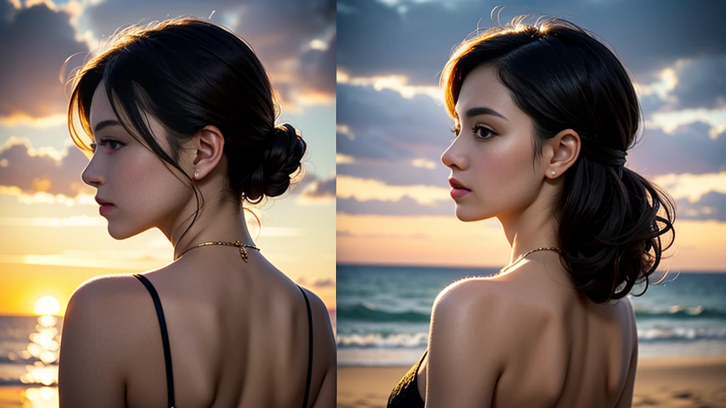 A young and very beautiful woman、Wearing a charming dress with a wide open back、Detailed back view of a woman、Backlight、sunset、Beach、(highest quality、4k、8k、High resolution、masterpiece:1.2)、Super detailed、(Real、Photorealistic、Photorealistic:1.37)、Detailed profile、Highly detailed eyes and face、Long eyelashes、Delicate skin、Graceful pose、Dramatic lighting、Warm colors、Golden Hour、Calm sea、Sandy Beach、Light clouds、Dramatic Sky