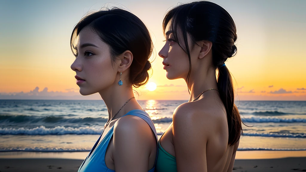A young and very beautiful woman、Wearing a charming dress with a wide open back、Detailed back view of a woman、Backlight、sunset、Beach、(highest quality、4k、8k、High resolution、masterpiece:1.2)、Super detailed、(Real、Photorealistic、Photorealistic:1.37)、Detailed profile、Highly detailed eyes and face、Long eyelashes、Delicate skin、Graceful pose、Dramatic lighting、Warm colors、Golden Hour、Calm sea、Sandy Beach、Light clouds、Dramatic Sky