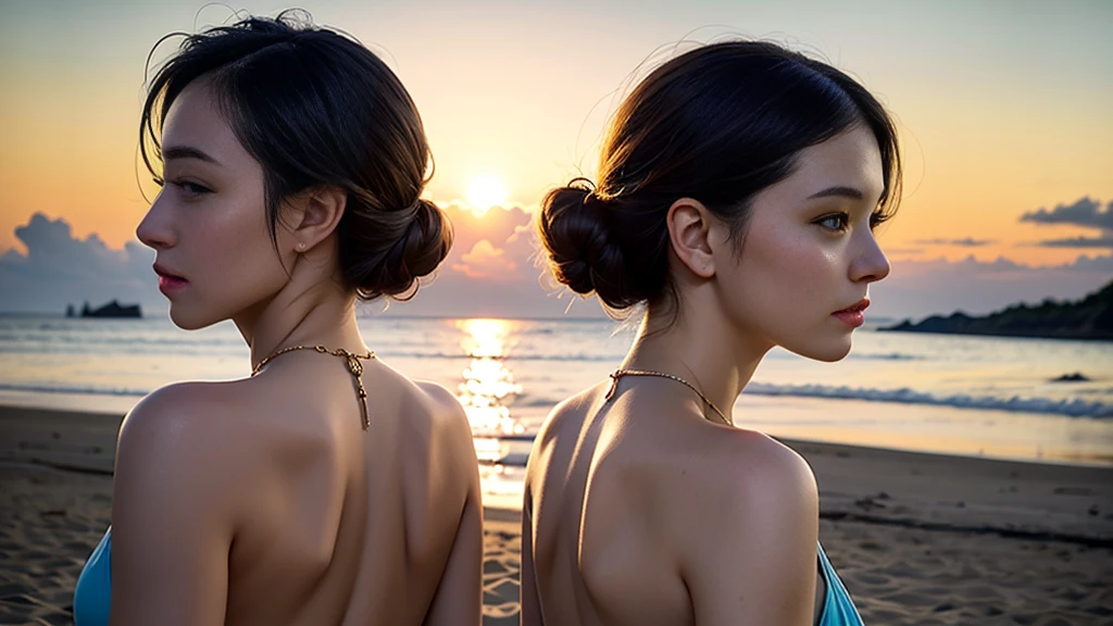 A young and very beautiful woman、Wearing a charming dress with a wide open back、Detailed back view of a woman、Backlight、sunset、Beach、(highest quality、4k、8k、High resolution、masterpiece:1.2)、Super detailed、(Real、Photorealistic、Photorealistic:1.37)、Detailed profile、Highly detailed eyes and face、Long eyelashes、Delicate skin、Graceful pose、Dramatic lighting、Warm colors、Golden Hour、Calm sea、Sandy Beach、Light clouds、Dramatic Sky