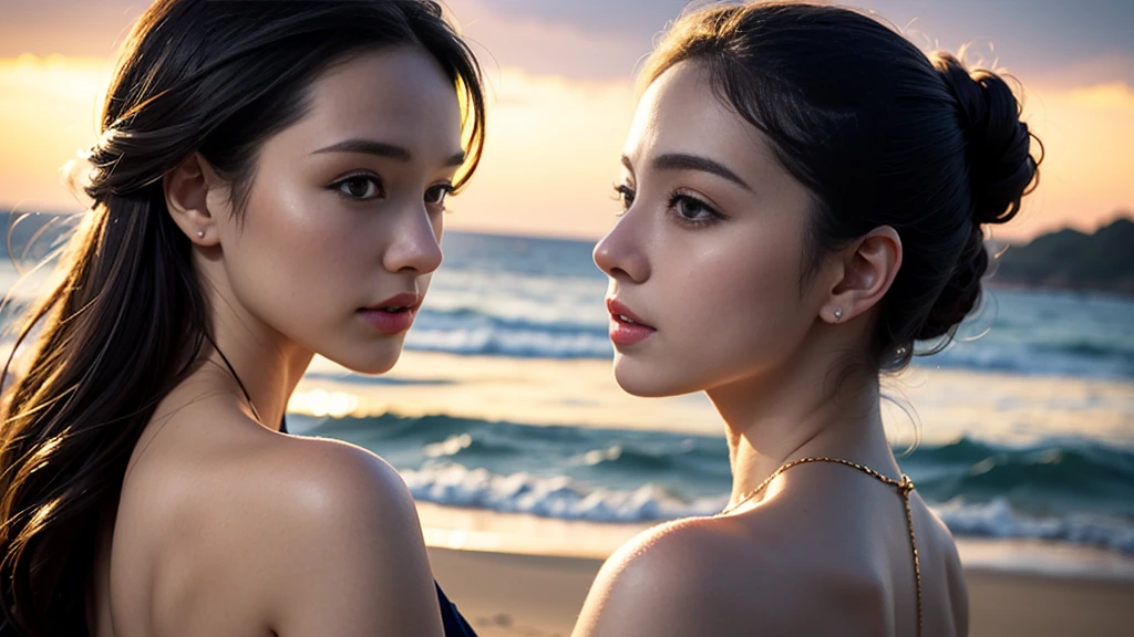 A young and very beautiful woman、Wearing a charming dress with a wide open back、Detailed back view of a woman、Backlight、sunset、Beach、(highest quality、4k、8k、High resolution、masterpiece:1.2)、Super detailed、(Real、Photorealistic、Photorealistic:1.37)、Detailed profile、Highly detailed eyes and face、Long eyelashes、Delicate skin、Graceful pose、Dramatic lighting、Warm colors、Golden Hour、Calm sea、Sandy Beach、Light clouds、Dramatic Sky