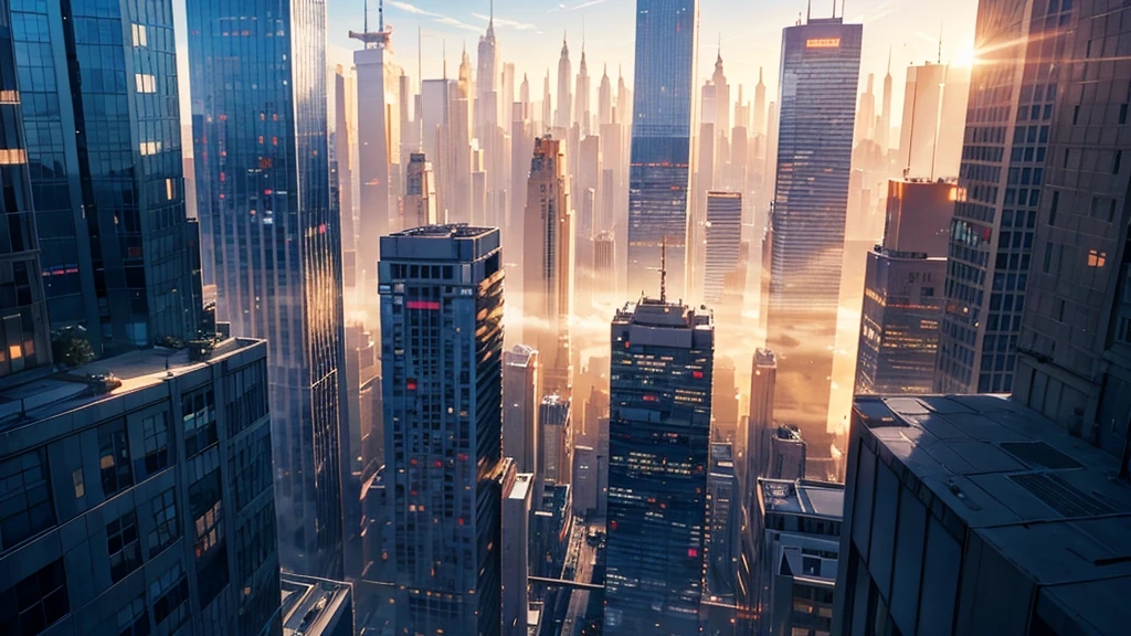 Backlit city in the morning，Standing on a tall building looking down，No characters，background，Scenes
