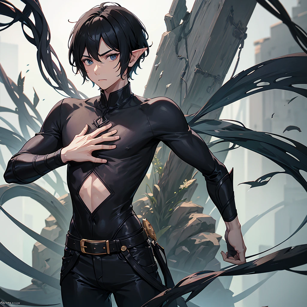 1 man with short hair, black hair, black eyes, black shirt, elf race, a wizard, has 2 arms.