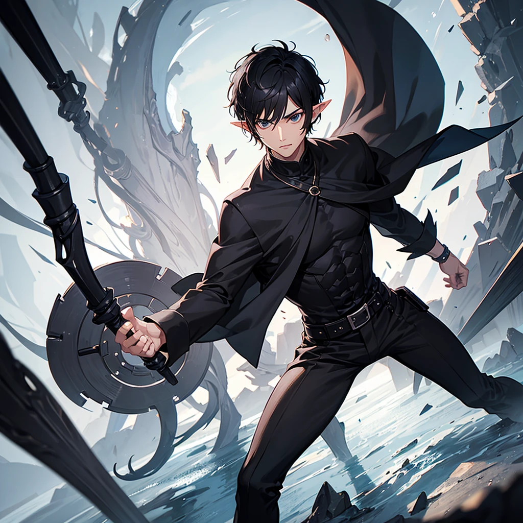 1 man with short hair, black hair, black eyes, black shirt, elf race, a wizard, has 2 arms.