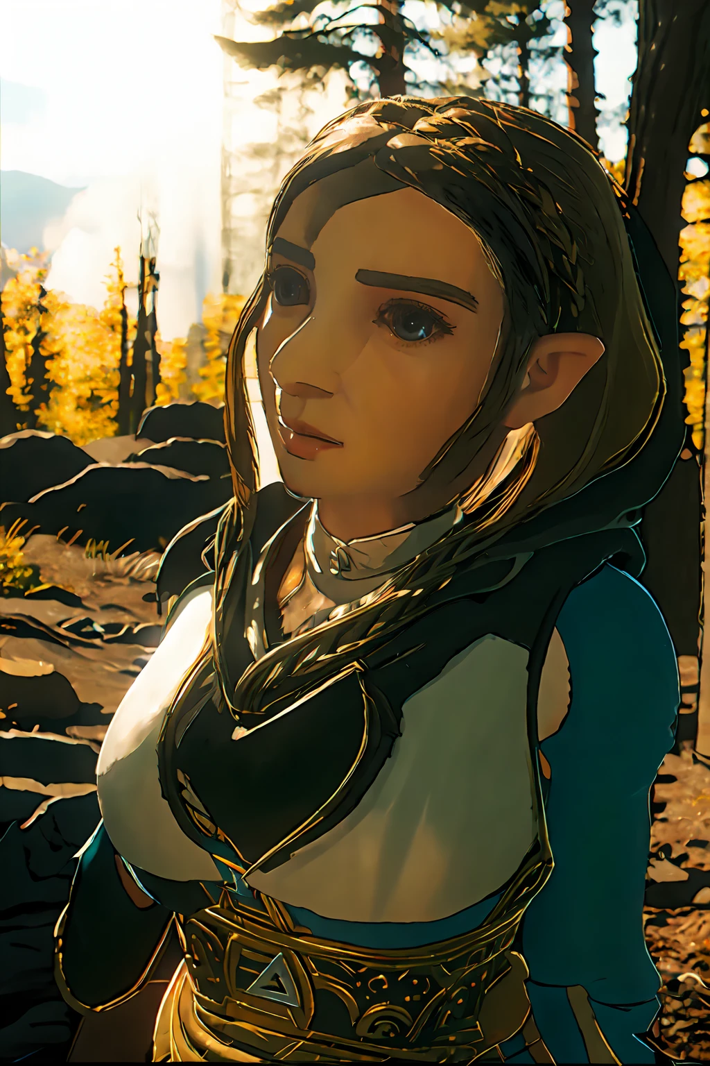 Masterpiece, Best Quality, Cinematic Photos, Digital Artwork Illustrations, Beautiful 22 Year Old Woman, Zelda, Regal, Fantasy, Pale Skin, German, Woman Body, Golden Blonde Hair, Very Big Breasts, bright eyes, no crop, (german mountains and forest), dark illustration style, (8k, cinematic elements, photorealistic. , sharp focus), complex background, cinematic, rule of thirds, backlight, dslr, film grain, complex details, cup g