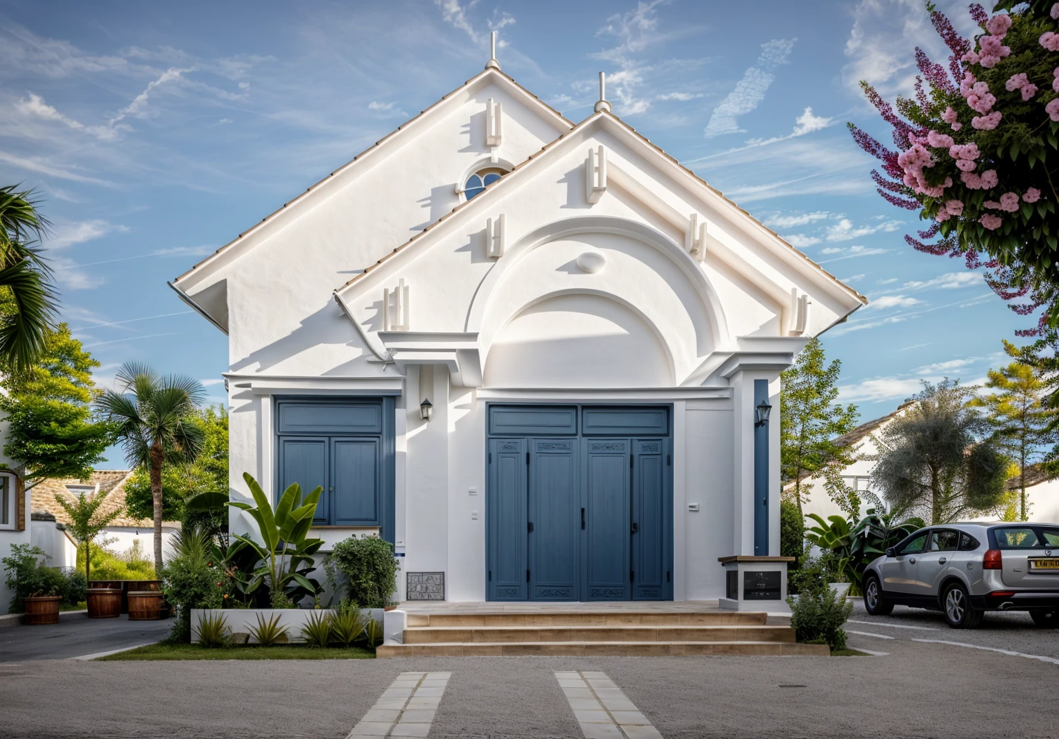 (1 maison de style Santorin, La maison de ville est faite de murs blancs et certains murs sont peints en bleu vif)), belle lumière, journée de beauté, ensoleillé, Beaucoup de bougainvilliers rouges le long de la route:1.3, belle sensation de jeunesse :1.2, soleil à midi, Très belles ombres