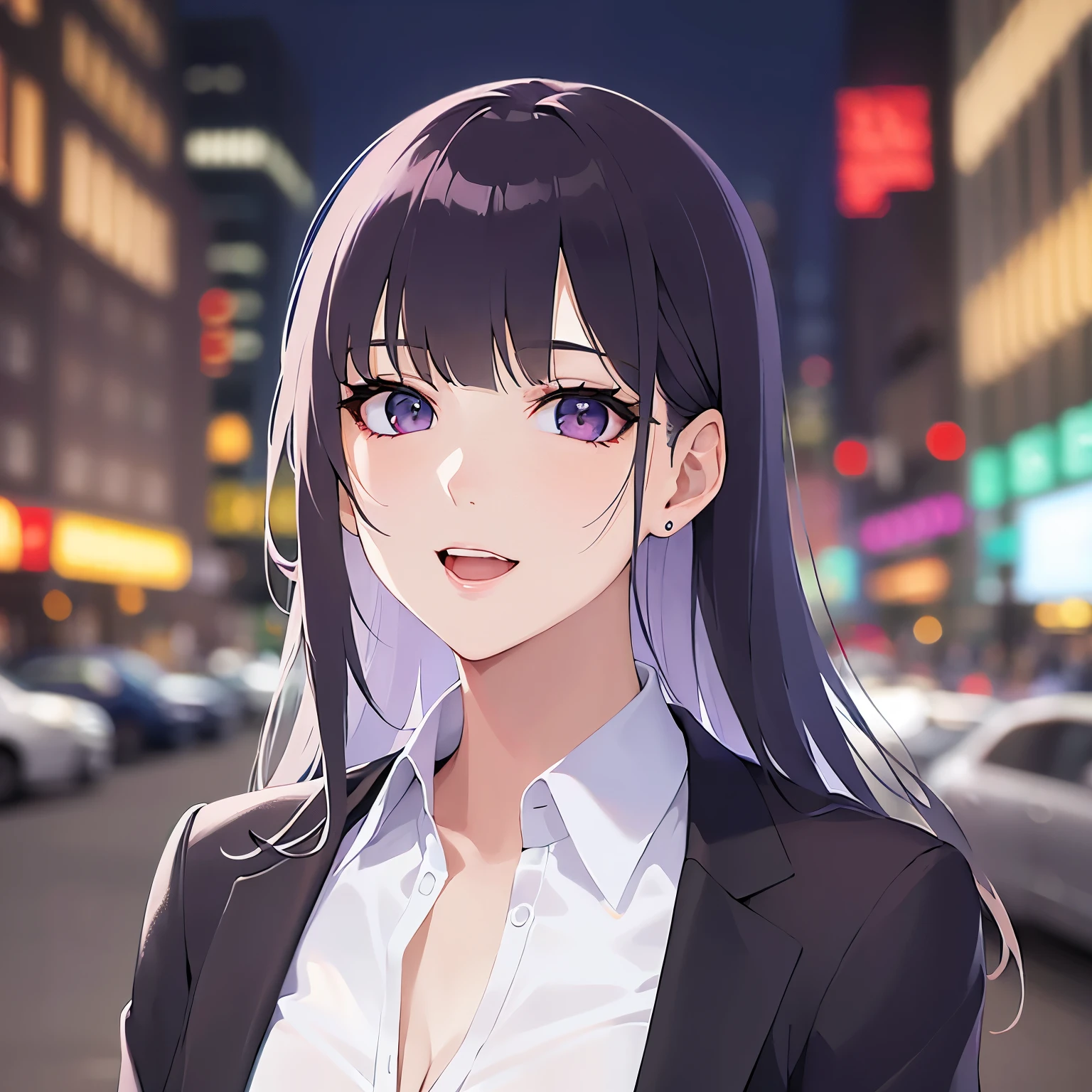 side angle, Realistic, real person, (pale skin: 1.2), RAW photo, photorealistic, shiny skin, shiny hair、(A 25-year-old woman with straight hair and bangs) and (medium hair) and (black hair) and (purple eyes) , (business suit:1.5) and (white collared shirt)、(smile:1.2), open mouth, The background is a shopping street at night、Alone
